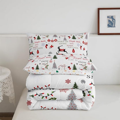 Erosebridal Christmas Comforter Set Queen,Deer Reindeer Elk Bedding Set for Adult,Merry Duvet Insert Bedroom Decor,Xmas Woodland Trees Bells Snowflake Down Comforter with 2 Pillowcases