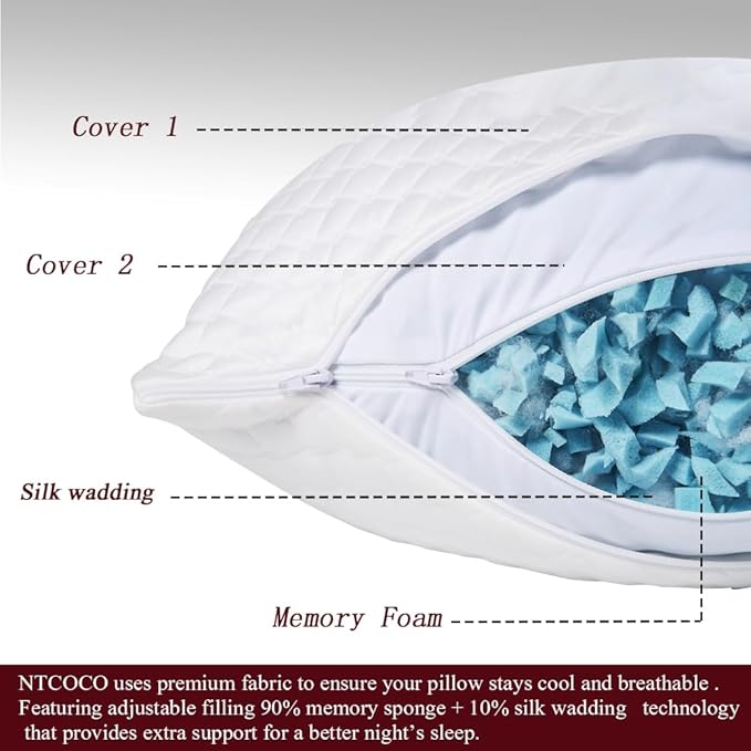 NTCOCO Shredded Memory Foam Bed Pillows for Sleeping Standard Size Set of 2, with Washable Removable Hypoallergenic Sleep Pillow for Back and Side Sleeper