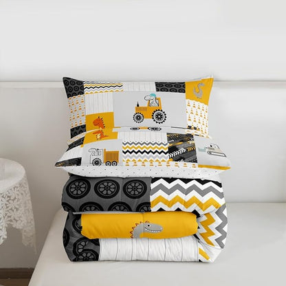Feelyou Construction Comforter Set King Size Kids Cartoon Car Excavator Tractor Toddler Comforter Equipment Trucks Plaid Grid Yellow Comforter Set Construction Vehicles Duvet Set Quilt Set