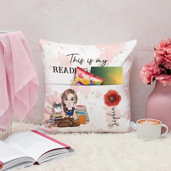 ENCYCOM Personalized Book Reading Pocket Pillow - Custom Reading Pillows with Name – Uniqua Gift for Bookworm Girls, Women Who Love Books, Perfect for Bed or Cozy Corner (Reading Pillow 07)