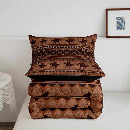 Feelyou Western Decor Comforter Set King Size Horse Comforter Southwestern Native Aztec Bedding Set Retro Exotic Boho Duvet Set Room Decor Rustic Brown Quilt Set
