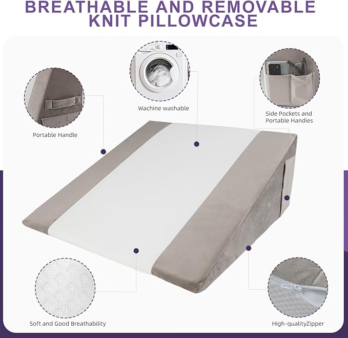 Memory Foam Bed Wedge Pillow (10"x24"x24") - Acid Reflux & Back Pain Relief, Anti-Snoring Incline Design, Removable Washable Cover for Sleep & Post-Surgery Support