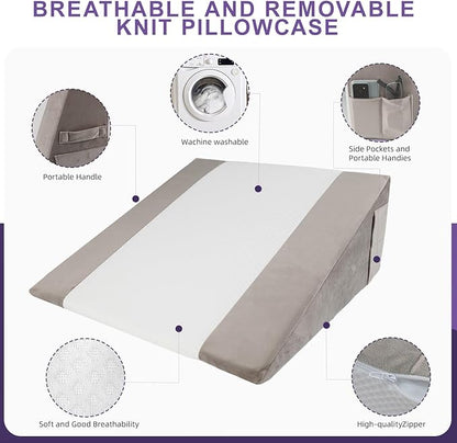 Memory Foam Bed Wedge Pillow (10"x24"x24") - Acid Reflux & Back Pain Relief, Anti-Snoring Incline Design, Removable Washable Cover for Sleep & Post-Surgery Support
