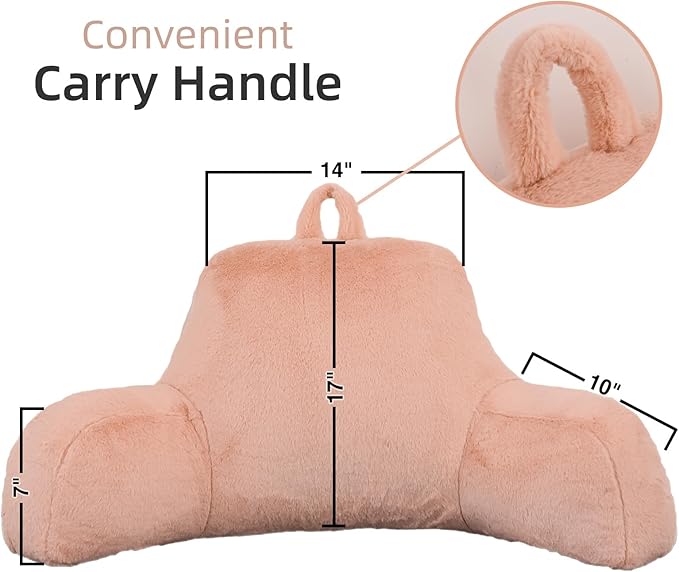 A Nice Night Faux Fur Reading Pillow Bed Wedge Large Adult Children Backrest with Arms Back Support for Sitting Up in Bed/Couch for Bedrest,Pink