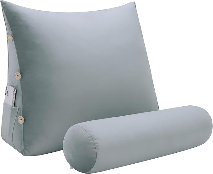 Daneey Reading Pillow for Bed Adult, Back Pillow for Bed Sitting Up, Back Support Pillow, Gray, Velvet 23.5 * 8 * 20IN