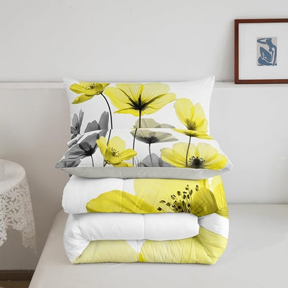 Erosebridal Yellow Boho Floral Full Bedding Set,Yellow and Gray Flower Comforter Set for Kids Girls Women,Vintage Flowers Quilt,Bohemian Wildflower Bedroom Decor with 2 Pillowcases,Breathable