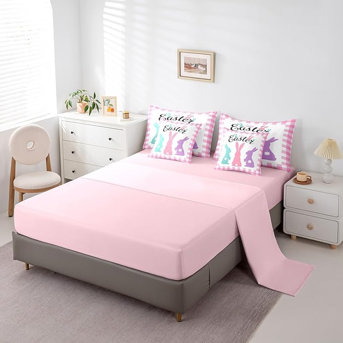 Feelyou Cute Easter Rabbit 7 Piece Bedding Set Full Size Pink Plaid Comforter Set with Sheets for Kids Bunny Print Bed in a Bag Spring Colorful Bed Set