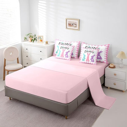 Feelyou Cute Easter Rabbit 7 Piece Bedding Set King Size Pink Plaid Comforter Set with Sheets for Kids Bunny Print Bed in a Bag Spring Colorful Bed Set