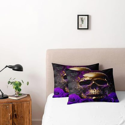 Golden Skull and Purple Roses King Size Duvet Cover Set Flowers Comforter-Cover and Pillowcases Black Background Gothic and Florals Print Bedding Set Bedroom Decor