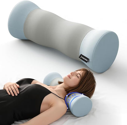 Cervical Neck Roll Pillow - Memory Foam Cylinder Bolster Pillows for Neck Support - Ergonomic Design Round Neck Pillow with Cooling Cover for Leg, Back, Yoga (Grey Blue)