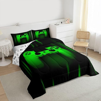 Feelyou Boys Gamer Comforter Set King Size Bedding Set for Kids Gaming Comforter Green Black Video Games Gamepad Room Decor for Teens Child Super Soft Geometric Duvet Quilted Son Grandson Gift