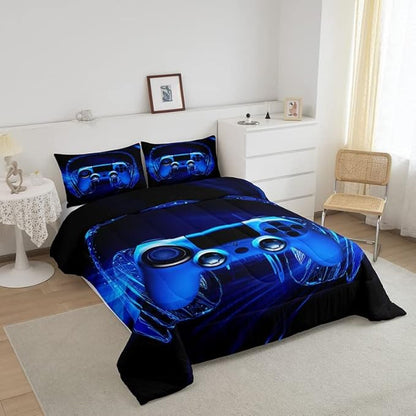 Feelyou Gamer Bedding Set Kids Video Game Gamepad Comforter Set for Boys Teens Gaming Headset Comforter Breathable Blue Game Controller Duvet Set Room Decor Quilt Set Queen Size