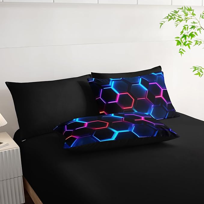Geometric Full Comforter Set,Colorful Neon Lights Honeycomb Bedding Set 7 Piece with Comforter Fitted Sheet Flat Sheet Pillowcases,Bed Sets Geometry Decor,Microfiber Lightweight All Season.