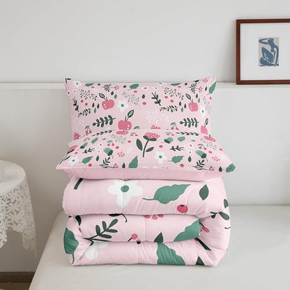Erosebridal Pink Floral Full Comforter Set - Boho Flower Cute Bedding Set for Girls Kids Teen, Botanical Plant Green Leaves Quilt, Farmhouse Bedroom Decor with 2 Pillowcases, Breathable