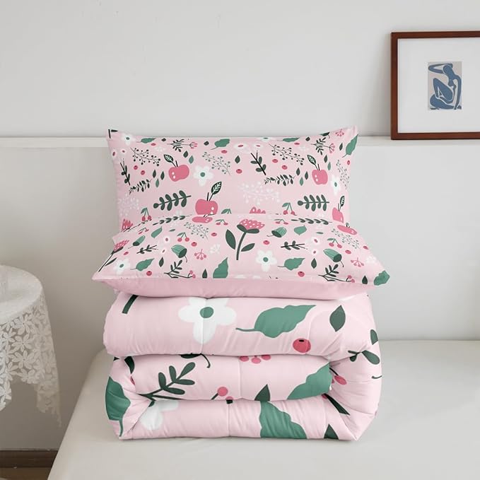Erosebridal Pink Floral Queen Comforter Set - Boho Flower Cute Bedding Sets for Girls Kids Teen, Botanical Plant Green Leaf Bed Set, Cottagecore Room Decor with 2 Pillowcases, Lightweight