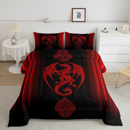 Feelyou Red Dragon Comforter Set Gradient Ombre Red Teens Women Bedding Set for Kids Boys Girls Vintage Boho Paisley Decor Comforter Exotic Trippy Quilt Set 3Pcs King Size
