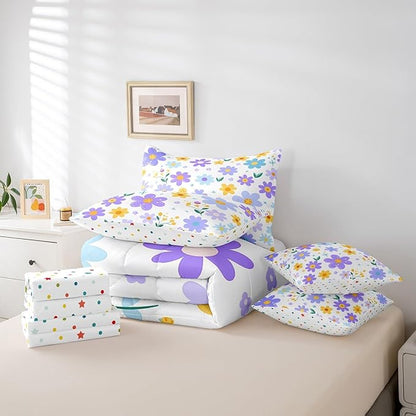 Feelyou Cute Flower 7 Piece Bedding Set Twin Size Kids Cartoon Cute Floral Bed in a Bag for Girls Teens Purple Yellow Comforter Set with Sheets Kawaii Bed Set