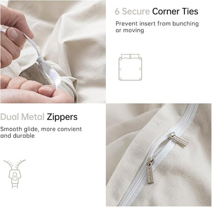 JELLYMONI Cotton Duvet Cover Full Size - Beige Comforter Cover with Button 100% Washed Cotton 3PCS Breathable Soft Solid Bedding Set Duvet Cover 80×90in & 2 Pillowcases (NO Comforter)