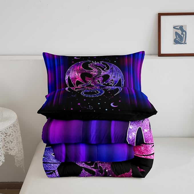 Feelyou Dragon Comforter Set Gradient Ombre Teens Women Bedding Set for Kids Boys Girls Galaxy Dragon Decor Comforter Exotic Trippy Quilt Set 3Pcs King Size