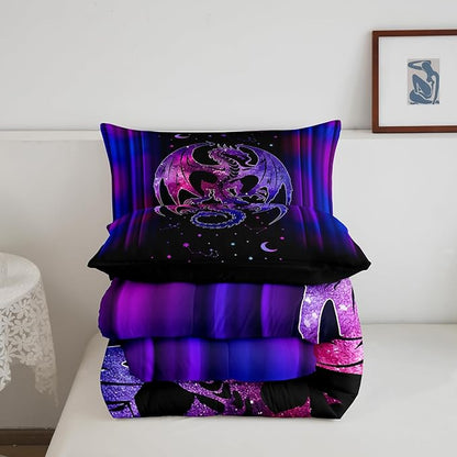 Feelyou Dragon Comforter Set Gradient Ombre Teens Women Bedding Set for Kids Boys Girls Galaxy Dragon Decor Comforter Exotic Trippy Quilt Set 3Pcs King Size