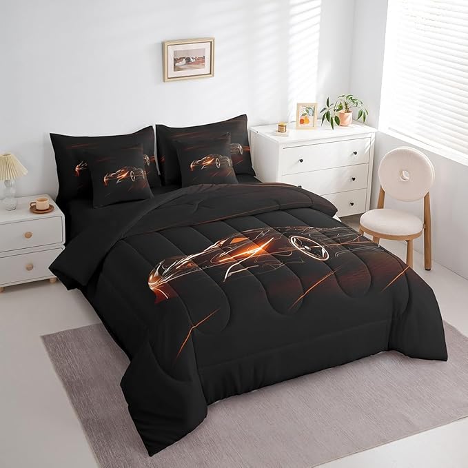 Feelyou Orange Race Car 7 Piece Bedding Set King Size for Kids Boys Extreme Sport Games Comforter Set with Sheets Teens Toddler Fast and Furious Bed in a Bag Cool Modern Bed Set