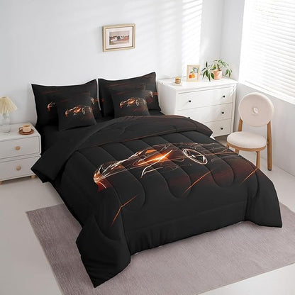 Feelyou Orange Race Car 7 Piece Bedding Set King Size for Kids Boys Extreme Sport Games Comforter Set with Sheets Teens Toddler Fast and Furious Bed in a Bag Cool Modern Bed Set