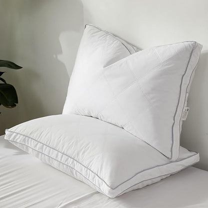 Dreamhood Luxury Goose Feather Down Pillow Queen Size Set of 2 - Made in USA Gusseted Hotel Bed Pillows with Premium 500 TC Cotton, Medium Firm Feather Down Pillow for Back