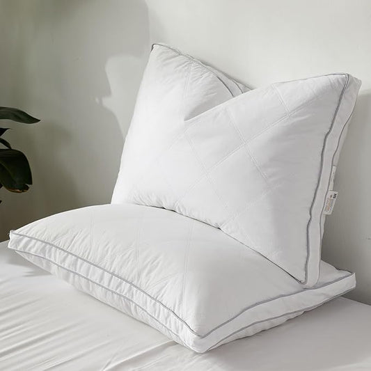 Dreamhood Luxury Goose Feather Down Pillow Queen Size Set of 2 - Made in USA Gusseted Hotel Bed Pillows with Premium 500 TC Cotton, Medium Firm Feather Down Pillow for Back