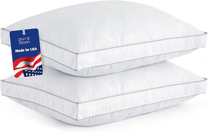 puredown® Made in USA Goose Feather Down Gusseted Pillows, 100% Cotton Cover, Pillows Standard Size Set of 2, Luxury Hotel Gusseted Bed Pillows for Sleeping