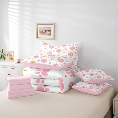 Feelyou Pink Flower 7 Piece Bedding Set Cute Dog Paw Print Comforter Set with Sheets for Kids Boys Girls Star Print Bed in a Bag Kawaii Bed Set Soft Lightweight