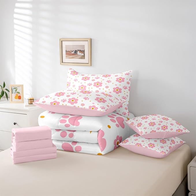 Feelyou Pink Flower 7 Piece Bedding Set Cute Dog Paw Print Comforter Set with Sheets for Kids Boys Girls Star Print Bed in a Bag Kawaii Bed Set Soft Lightweight