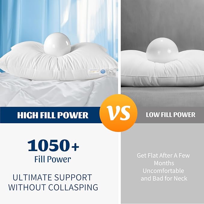 Hungarian White Goose Down Pillows King Size 80% Goose Down 20% Goose Feather 1050+ Fill Power with 100% Cotton Shell Plush Bed Pillows (20"X36", Pack of 2)