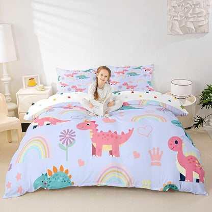 Castle Fairy Kawaii Dino Full Size Duvet Cover Set,Cute Rainbow Floral Love Heart Reversible Comforter Cover with 2 Pillowcases,Blue Pink Dinosaur Lovely Animal Breathable Bedding Set (Not Comforter)