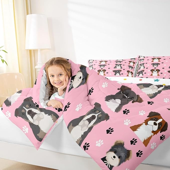 Castle Fairy Cute Dogs Bedding Set Twin Size 2 Pcs,Cartoon Watercolor Puppy Animals Comforter Set for Kids Girls Teen,Black White Paw Print Comforter Duvet Set with 1 Pillowcase