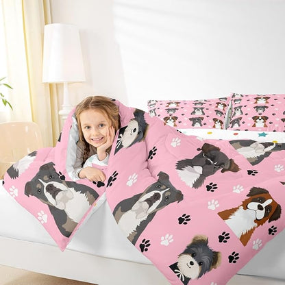 Castle Fairy Cute Dogs Bedding Set Twin Size 2 Pcs,Cartoon Watercolor Puppy Animals Comforter Set for Kids Girls Teen,Black White Paw Print Comforter Duvet Set with 1 Pillowcase