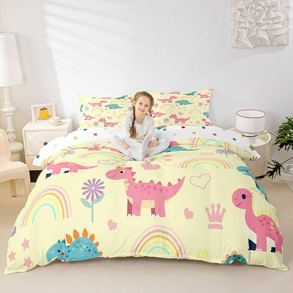 Kawaii Dino Duvet Cover Set Toddler Size,Cute Rainbow Floral Love Heart Reversible Quilt Cover for Kids Boys Girls Pink Yellow Dinosaur Lovely Animal Bedding Set with 1 Pillowcase,No Comforter