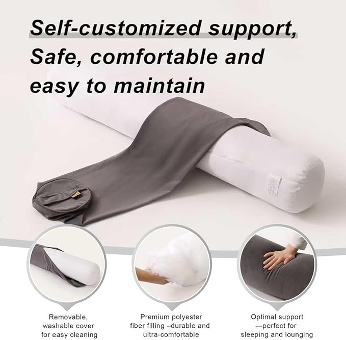 Long Pillow for Bed – Round Bolster Pillow for Adults, Body Pillow for Sleeping, Ergonomic Support,47.24 x 7.87 Inches,Steel Gray
