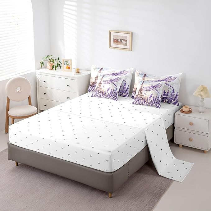 Feelyou Eiffel Tower Twin Size Comforter Set with Sheets Paris 7 Piece Bedding Set for Kids Girls Teens Toddler Purple Dragonfly Bed in a Bag Romantic Art Bed Set