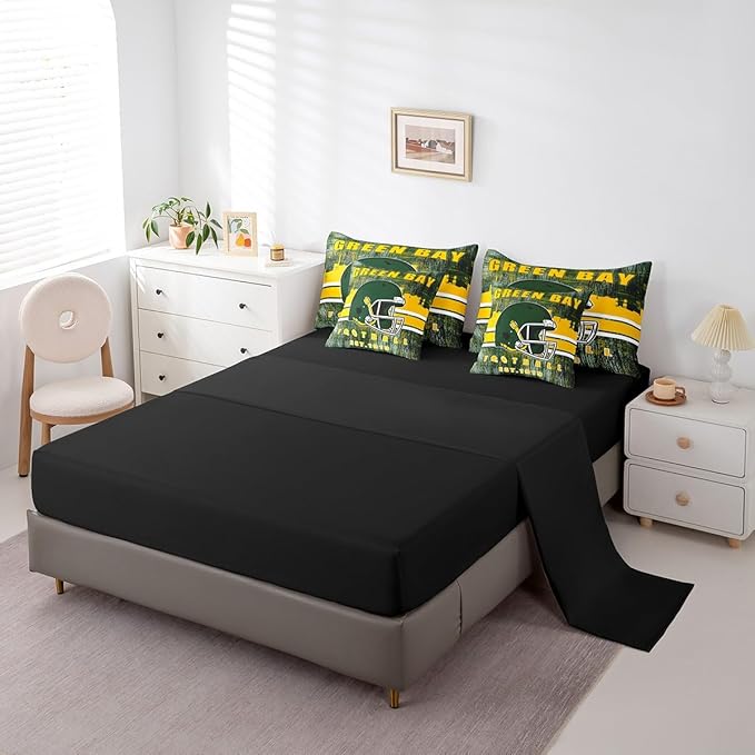 Erosebridal Football Gamed Bedding Set for Boys Girls Youth Sports Room Decor, Football City Themed Comforter Sets with Sheets Army Green Yellow Seasonal Color Bed in A Bag King 7 Pieces