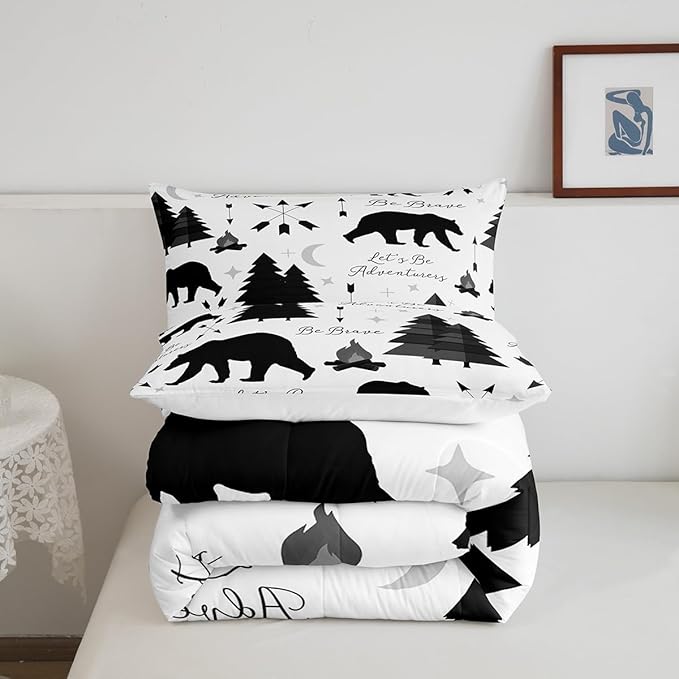 Camping Adventure Bear Bedding Set Queen Size,Hunt Animals Comforter Set for Kids Boys Men Adult Cabin Room Decor,Cartoon Pine Campfire Arrow Star Moon Quilt Set Black White Duvet Insert 3Pcs