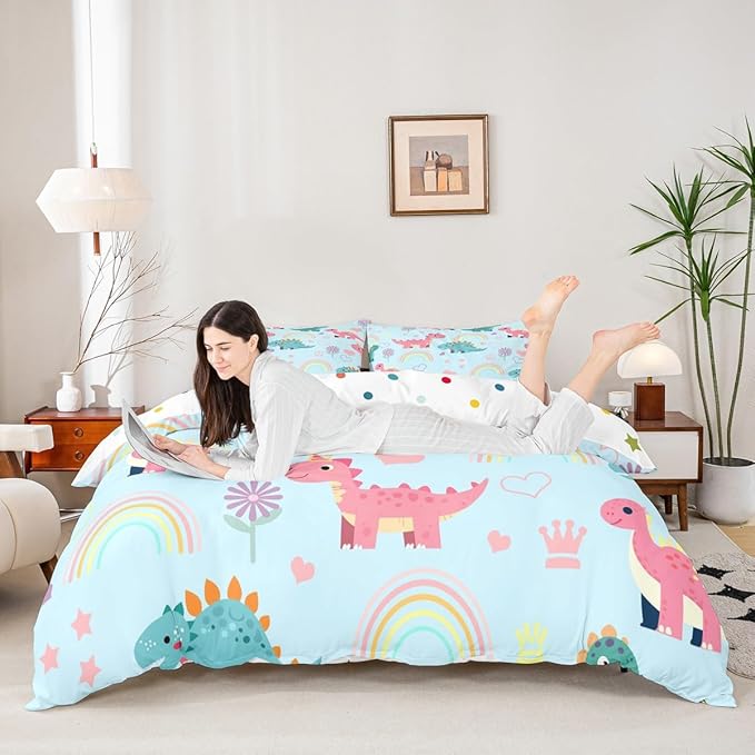 Kawaii Dino Duvet Cover Set Toddler Size,Cute Rainbow Floral Love Heart Reversible Quilt Cover for Kids Boys Girls Blue Pink Dinosaur Cartoon Animal Bedding Set with 1 Pillowcase,No Comforter