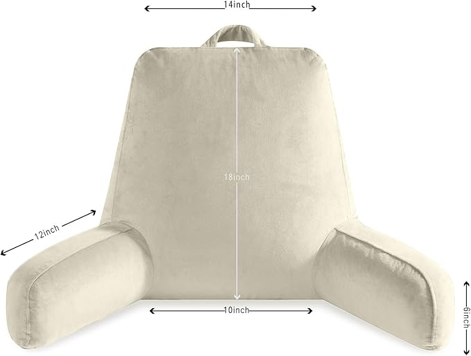 Reading Pillow for Sitting in Bed Adult, Reading Pillow with Shredded Memory Foam, Bed Pillow with Washable Cover, Back Pillow Sitting Up with Extend Arms, Beige, Large