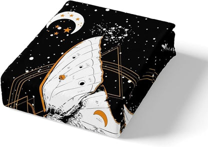 Castle Fairy Moth Plant Comforter Cover Full Size,Orange Mushroom Duvet Cover with 2 Pillowcases,3 Piece,Stars Sun Moon Polyester Bedding Set for Boys Teens Bedroom Decor
