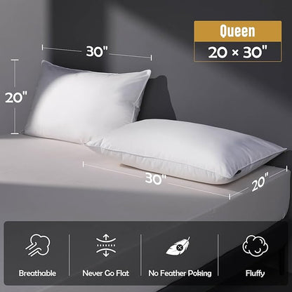 Feather Down Pillow Queen Size Set of 2 Pack, 100% Cotton Hotel Collection Bed Pillows for Sleeping, Down Surrounded Soft Medium Firm Pillows for Side Back Stomach Sleepers 20" x 30"