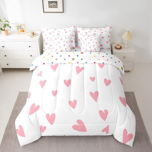 Feelyou Girls Cute Love Heart Comforter Set with Sheets 7 Piece Full Size Kids Lovely Warm Sweet Bed in a Bag Love Heart Pattern Bedding Set Breathable Valentine's Day Pink Bed Set Room Decor