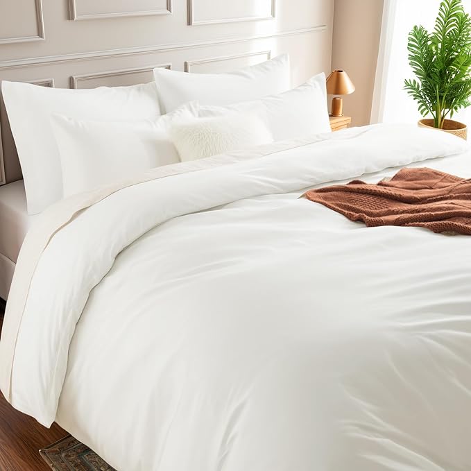 NEXHOME PRO Queen Duvet Cover Set – 100% Certified Organic Cotton with Washed Feel & Linen-Like Texture, Comfortable & Breathable, Home Bedding Set Bright White (No Comforter) 9090