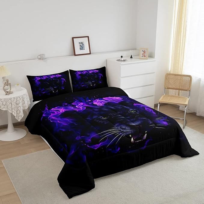 Feelyou Leopard Beddinig Set Black Panther Comforter Set for Kids Boys Girls Safari Cheetah Comforter Blue Fire Wild Animal Decor Quilt Set Room Decor 2Pcs Twin Size