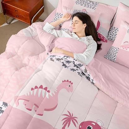 Feelyou Cute Dinosaur 7 Piece Bedding Set Pink Dinosaur Comforter Set with Sheets Full Size for Kids Boys Girls Geometric Pattern Bed in a Bag Animal Theme Bed Set Soft Lightweight