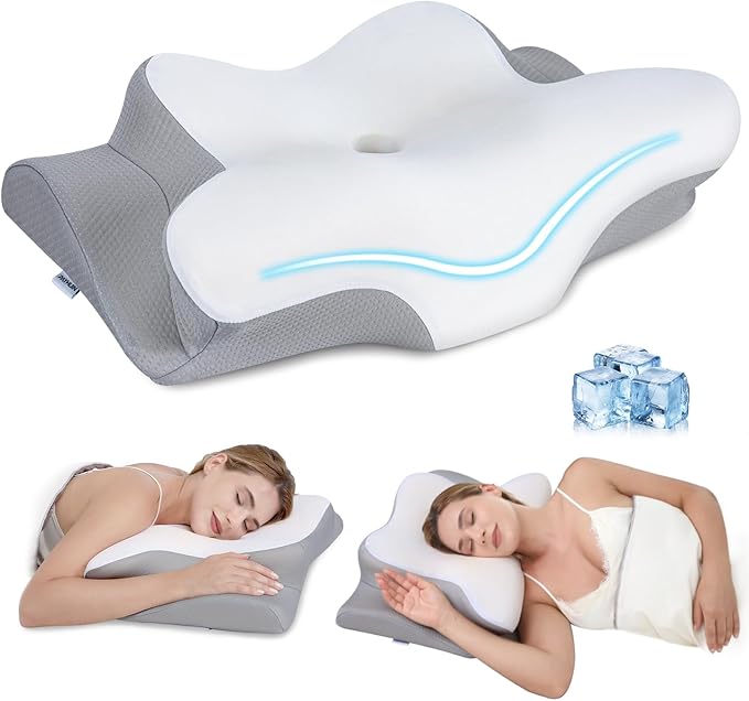 Cervical Neck Pillow, Memory Foam Pillows for Neck and Shoulder Pain Relief, 2 Heights Ergonomic Pillow with Breathable Ice Silk Cover, Neck Support Pillow for Side Back Stomach Sleepers
