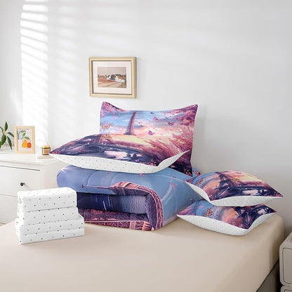 Feelyou Eiffel Tower Comforter Set with Sheets Twin Size Paris 7 Piece Bedding Set for Adult Boys Girls Teens Pink Flower and Butterfly Bed in a Bag Romantic Bed Set